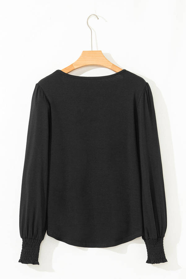 Black Shirred Shoulder Frilled Cuffs Long Sleeve Top