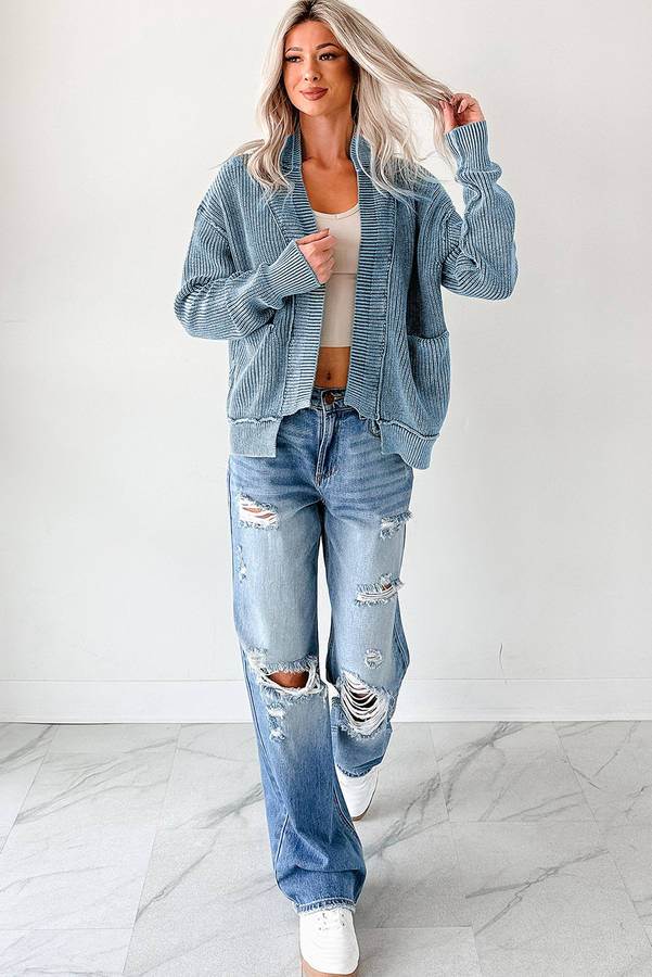 Evergreen Mineral Wash Exposed Seam Patchwork Knit Open Sweater Cardigan