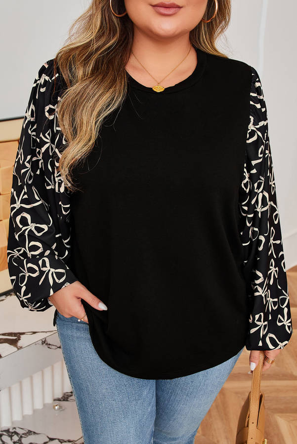 Black Bow Knot Patchwork Crewneck Plus Size Blouse