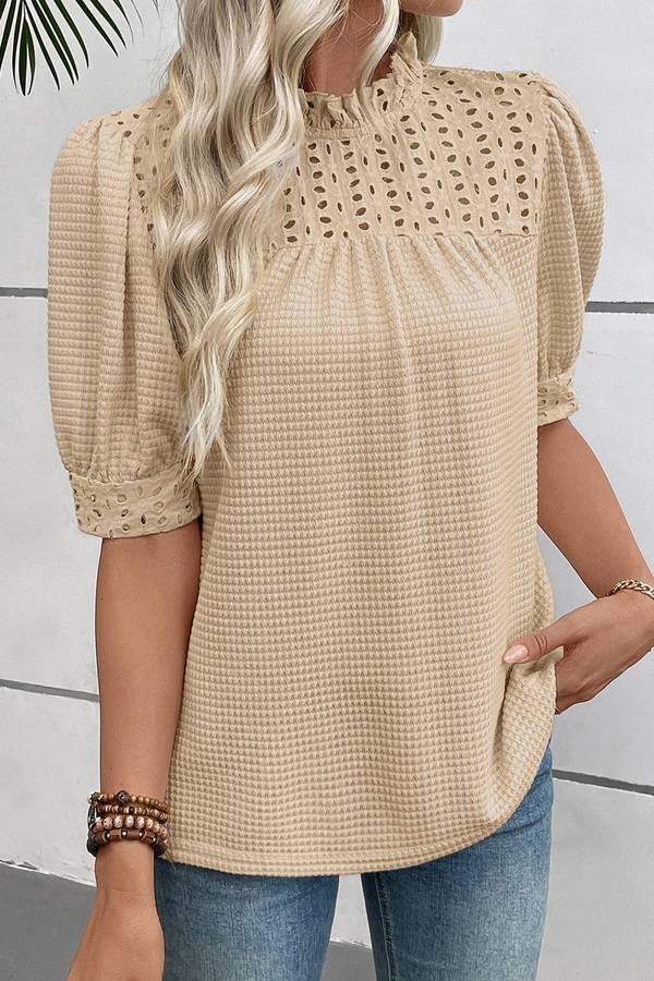 Parchment Textured Knit Eyelet Embroidered Patchwork Ruffled Neck Short Sleeve Blouse