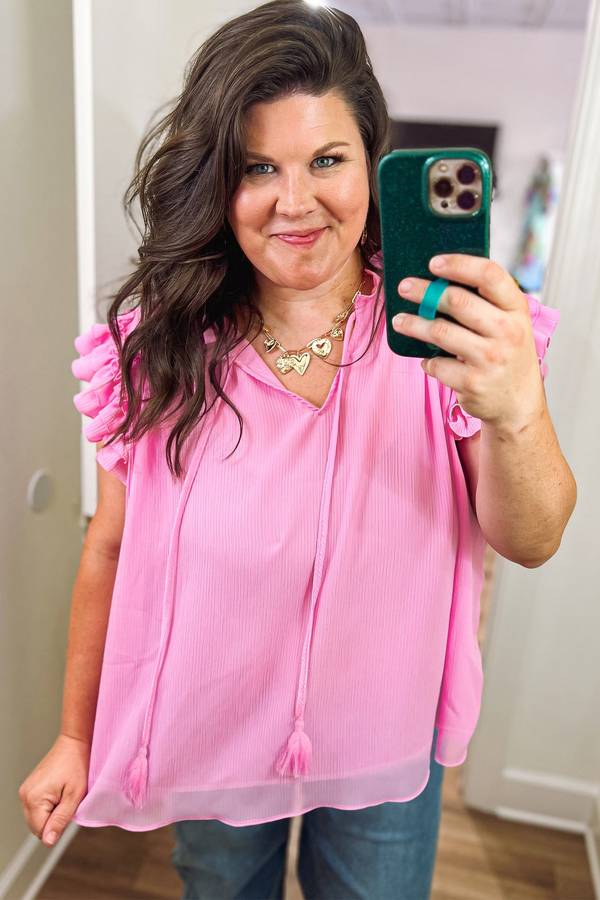 Bonbon Plus Size Textured Tassel Tie V Neck Ruffle Short Sleeve Blouse