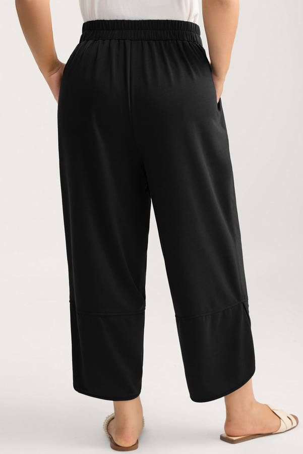 Black Plus Size Elastic Waist Asymmetrical Hem Loose Capris Pants