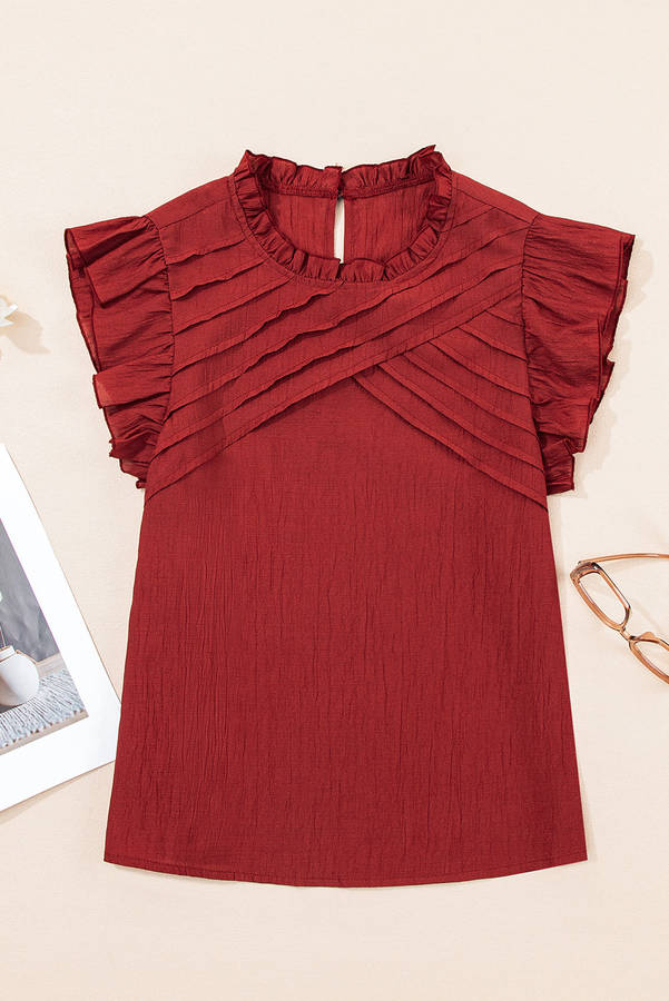 Red Dahlia Solid Color Pleated Detail Ruffle Short Sleeve Blouse