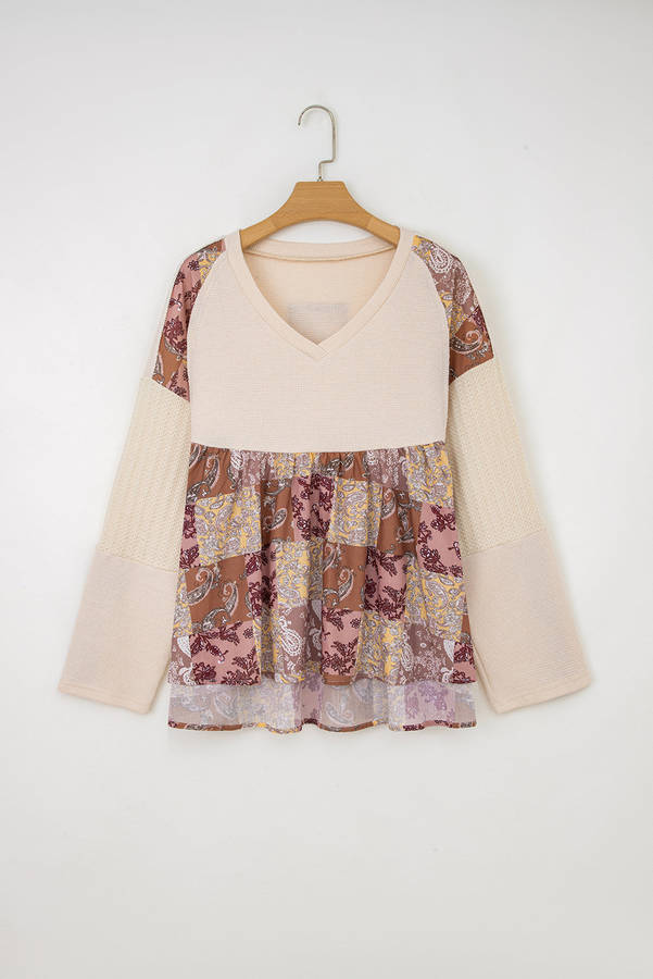 Beige Paisley Ethnic Print Contrast Patchwork Long Sleeve Loose Top