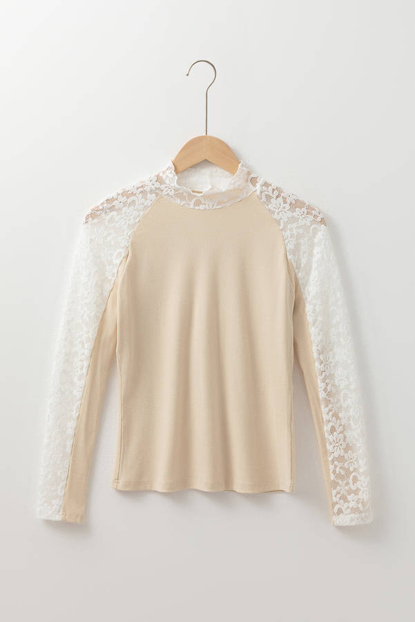 Beige Floral Lace Patchwork Long Sleeve High Neck Slim Top