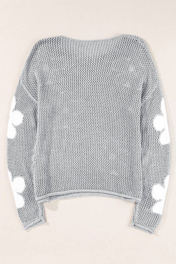 Light Grey Big Flower Hollowed Knit Drop Shoulder Sweater