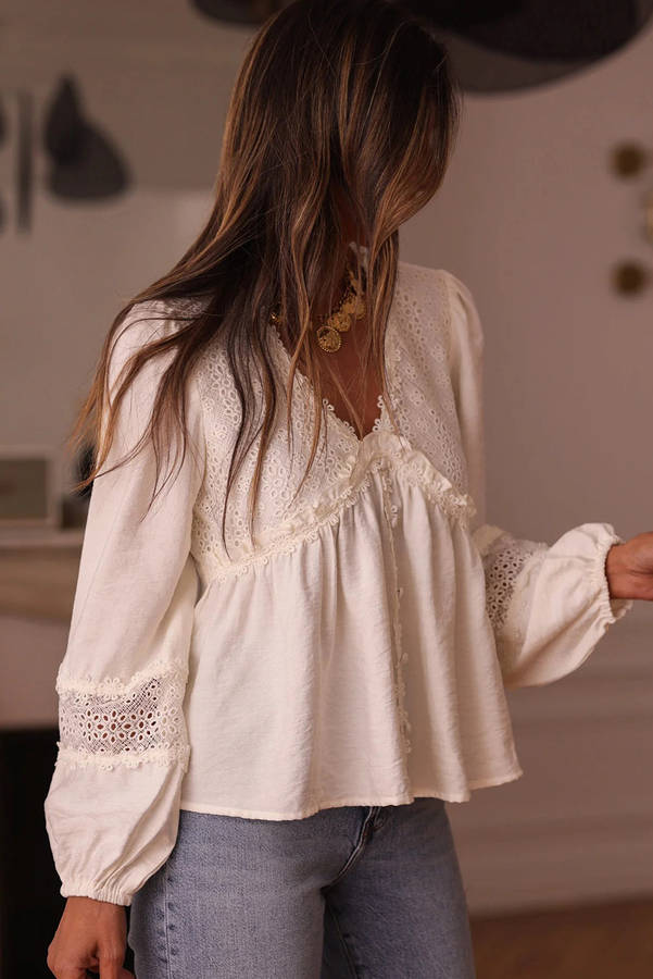 White Solid Color Floral Guipure Lace Patchwork Frilled Long Sleeve Blouse
