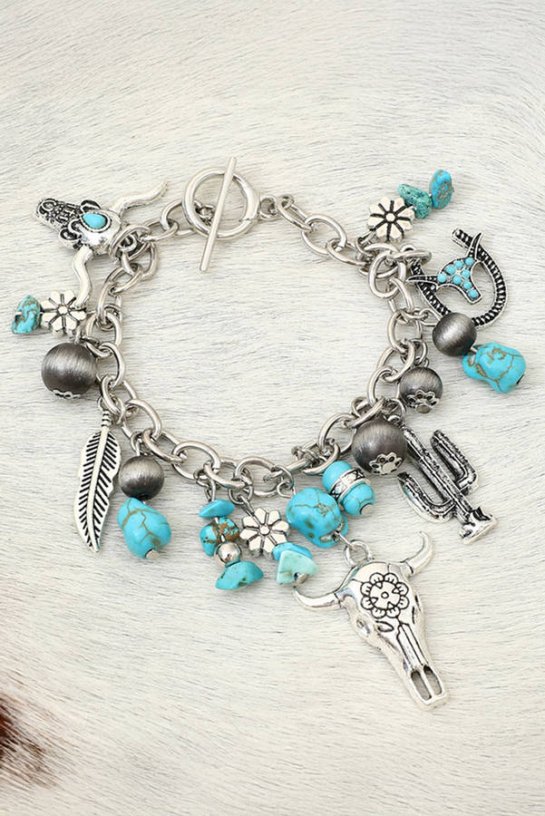 Silvery Western Steer Head Turquoise Charm Alloy Bracelet