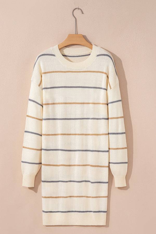 Multicolour Striped Print Drop Shoulder Shift Sweater Mini Dress