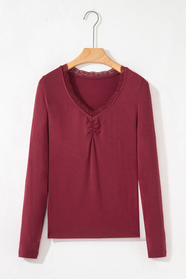 Red Dahlia Lace-trimmed Sweetheart Neckline Ruched Detail Long Sleeve T-shirt