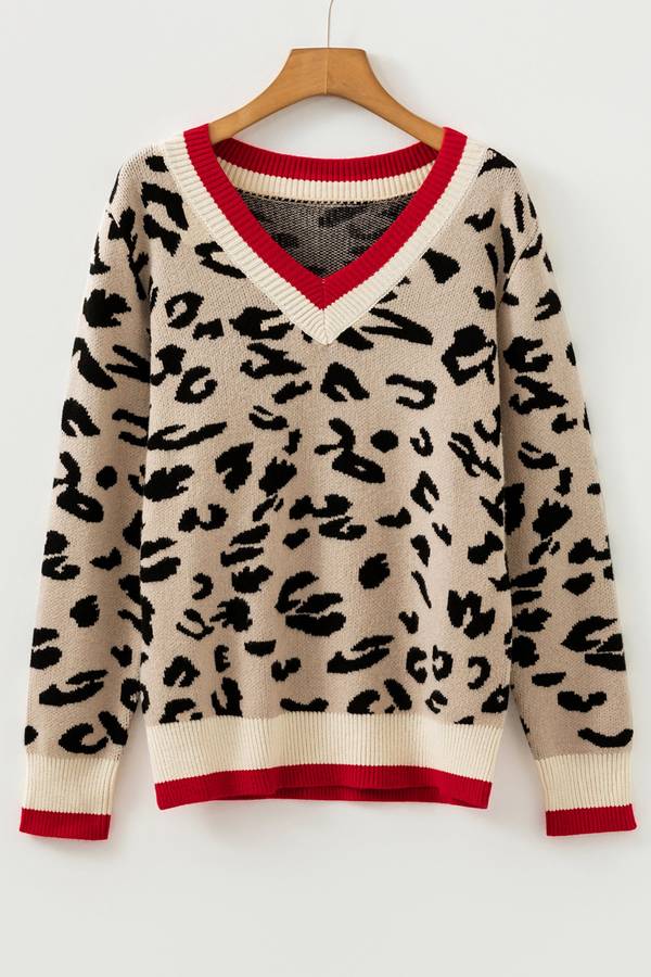 Khaki Leopard Pattern V-Neck Contrast Rib Knitted Sweater