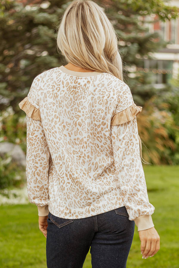 Khaki Leopard Ruffle Detail Ribbed Trim Round Neck Sweatshirt
