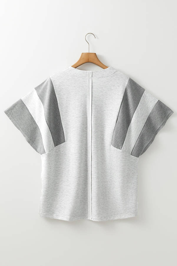 Light Grey Two Tone Contrast Waffle Knit Patched Buttoned V Neck Top