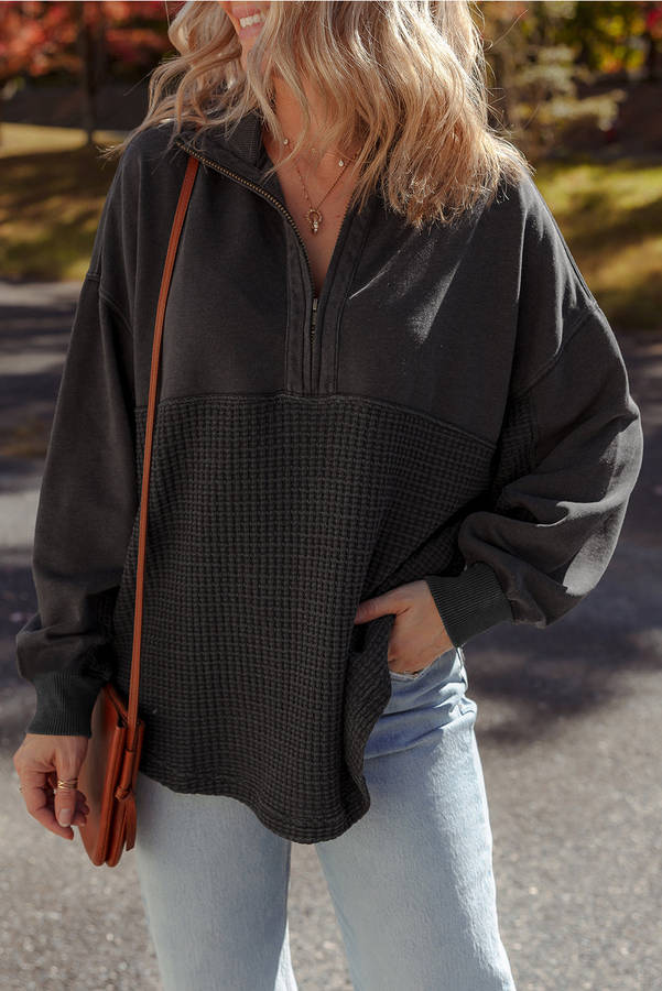 Carbon Grey Waffle Knit Patchwork Half Zipped Casual Sweatshirt