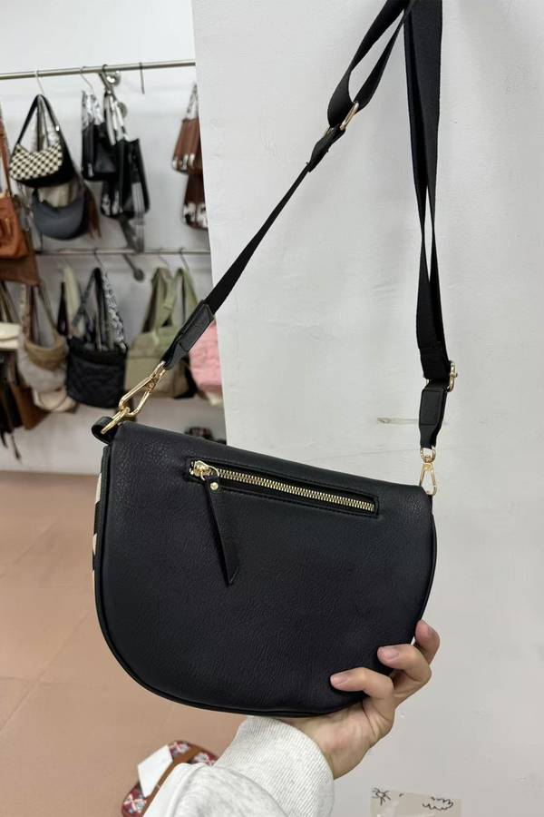 Black PU Leather Checkered Knit Patchwork Wallet Attached Shoulder Bag