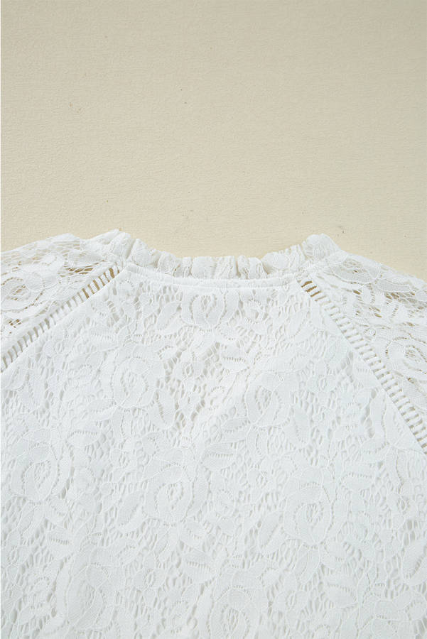 White Tie V Neck Lace Ruffle Detail Long Sleeve Blouse