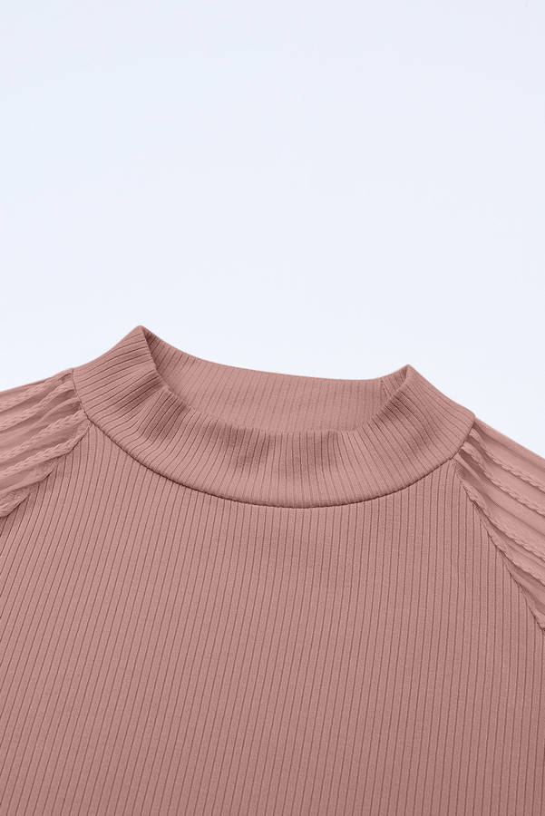 Pink Black Striped Mesh Long Sleeve Crewneck Ribbed Top