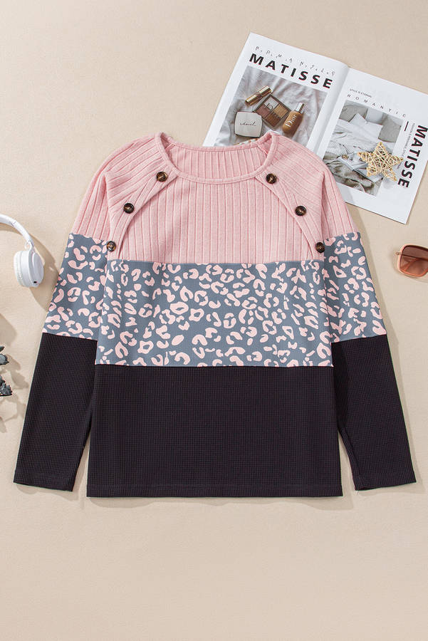 Pink Cheetah Textured Patchwork Buttoned Round Neck T Shirt