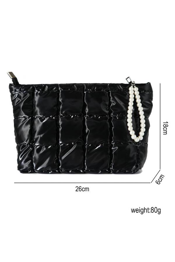 Color black PU Leather Quilted Texture Pearl Chain Zip Makeup Bag