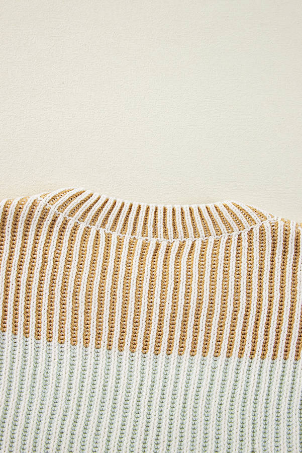 Brown Colorblock Textured Knit Bubble Sleeve Sweater