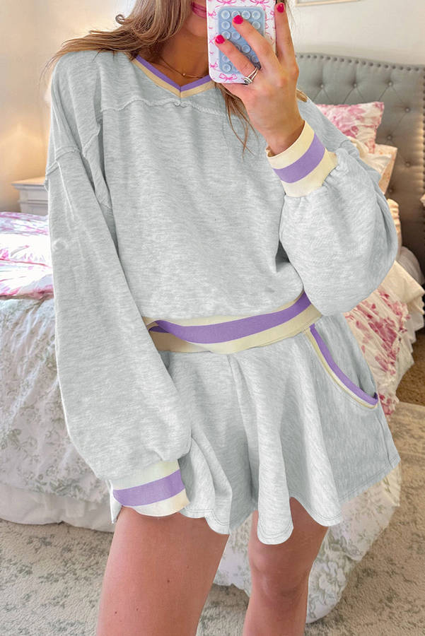 Light Grey Contrast Striped Bands Cropped Pullover and Athletic Short Set
