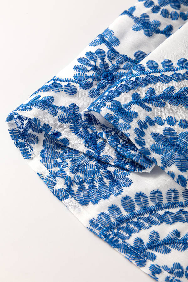 Blue Boho Print Flutter Sleeve Crew Neck Blouse