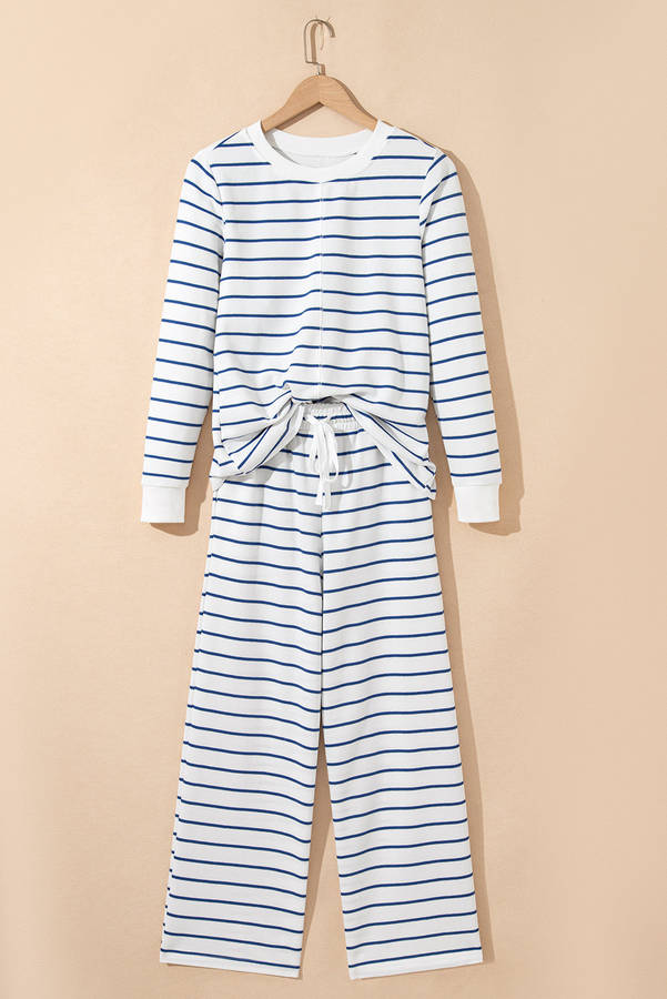 Sail Blue Striped Long Sleeve Top Drawstring Wide Leg Pants 2pcs Outfit