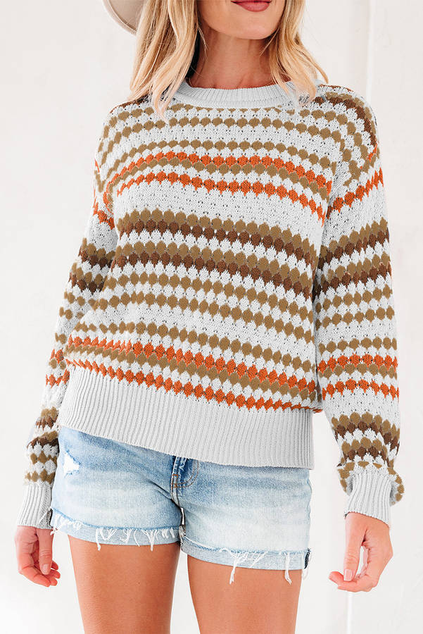 Brown Stripe Eyelet Patterned Drop Shoulder Sweater