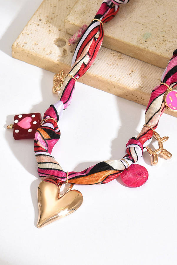 Strawberry Pink Valentines Multi Detail Knot Scarf Necklace