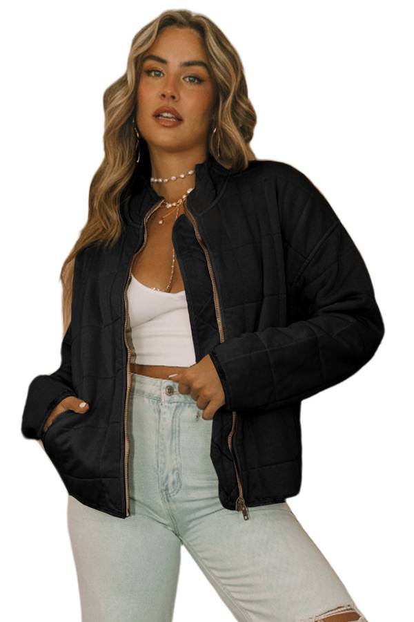 Black Zip-Up Pocket Quilted Jacket