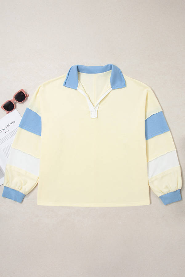 Yellow Cream Raw Seam Color Block Patchwork Plus Size V Neck Pullover