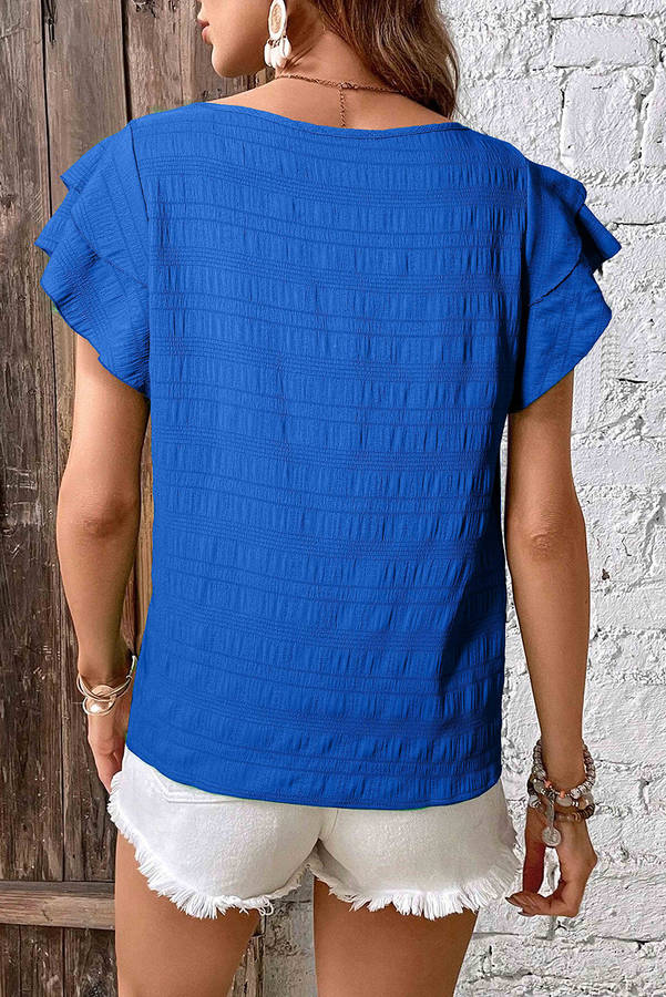 Dark Blue Textured Ruffled Sleeve Round Neck Top