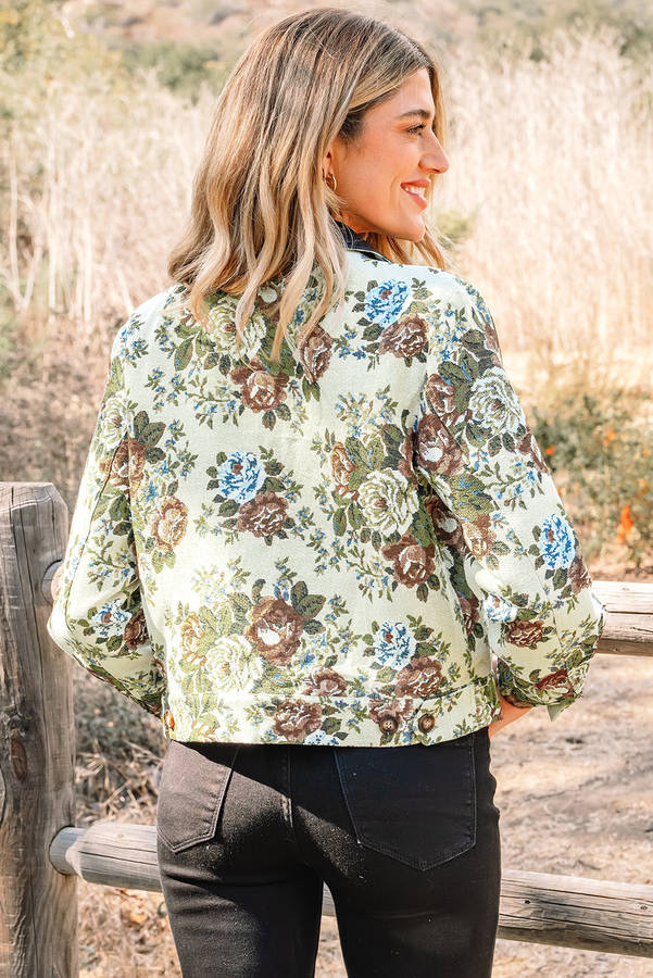 Khaki Floral Print Zip Up Contrast Collared Jacket