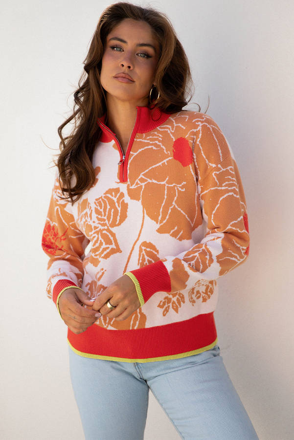 Khaki Floral Half Zip Collared Pullover Sweater