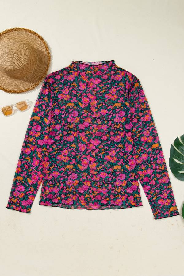Rose Plus Size Vintage Floral Print Mesh Long Sleeve Top