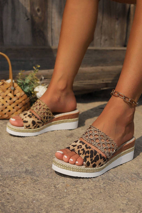 Chestnut Leopard Print Braided Details Wedge Slippers