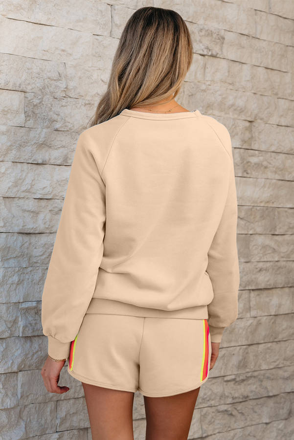 Apricot Striped Accent Pullover and Shorts Two Piece Casual Set