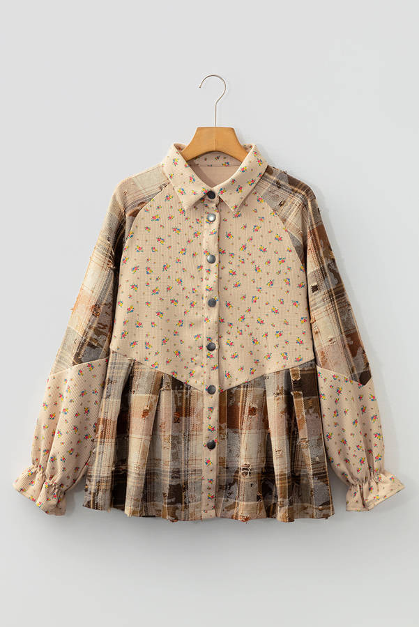 Oatmeal Boho Floral Plaid Patchwork Distressed Detail Ruffled Sleeve Waffle Knit Shacket