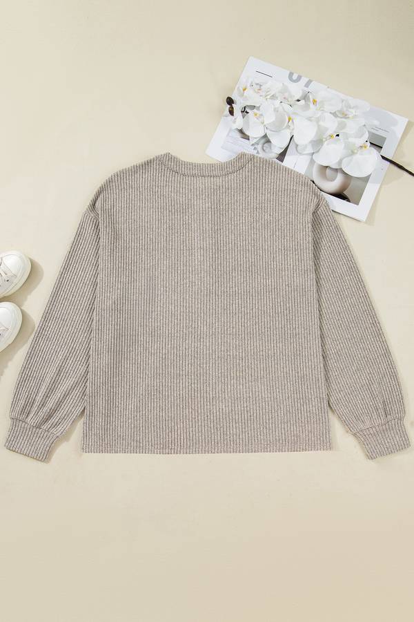 Simply Taupe Plus Size Ribbed Knit Kangaroo Pocket Henley Long Sleeve Top