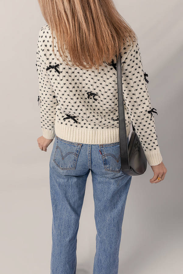Beige Bow Decor Color Contrast Ribbed Edge Crew Neck Sweater
