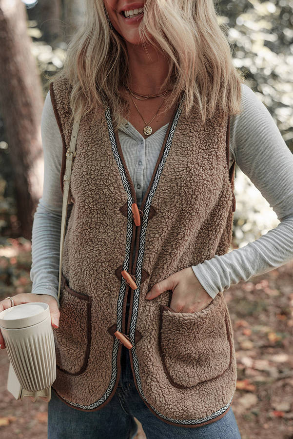 Dark Khaki Sherpa Contrast Trim Patch Pocket Cartridge Toggle Button Vest