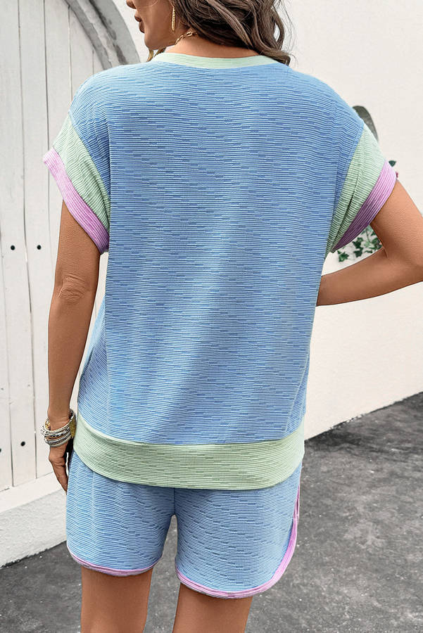 Beau Blue Corded Knit Contrast Trim Round Neck Cap Sleeve 2pcs Short Set