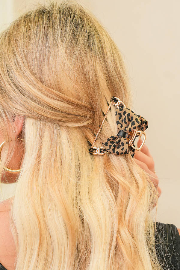 Camel Leopard Print Bow Decor Alloy Hair Claw Clip