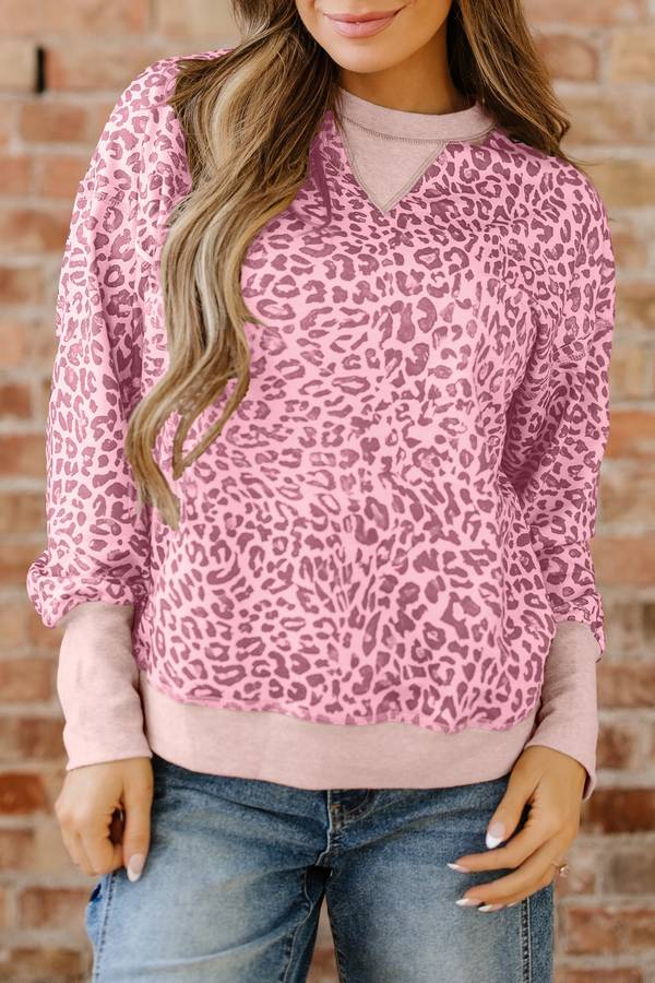Pink Leopard Print Patchwork Crew Neck Sweatshirt
