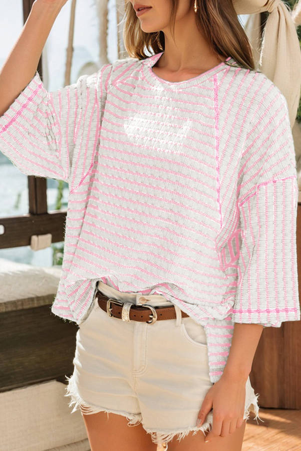 Pink Stripe Textured Knit Split Hem Half Sleeve Loose Top