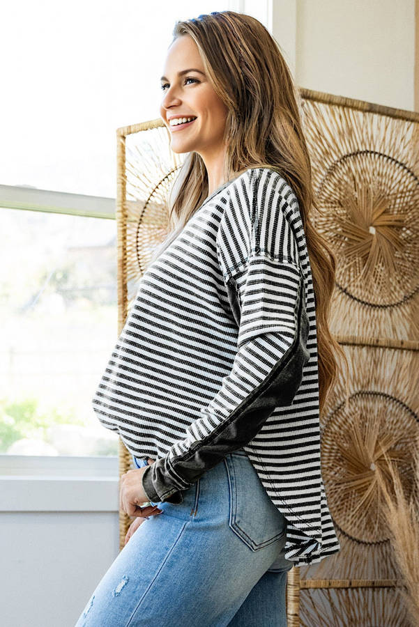 Black Stripe Thermal Knit Drop Shoulder Casual Top