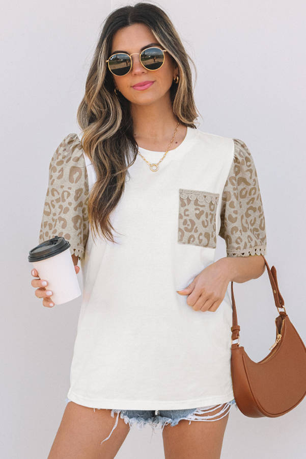 White Leopard Patchwork Crochet Lace Trim Puff Sleeve T Shirt