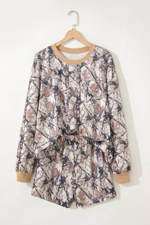 Khaki Woodland Camo Print Long Sleeve Top Casual Short Set
