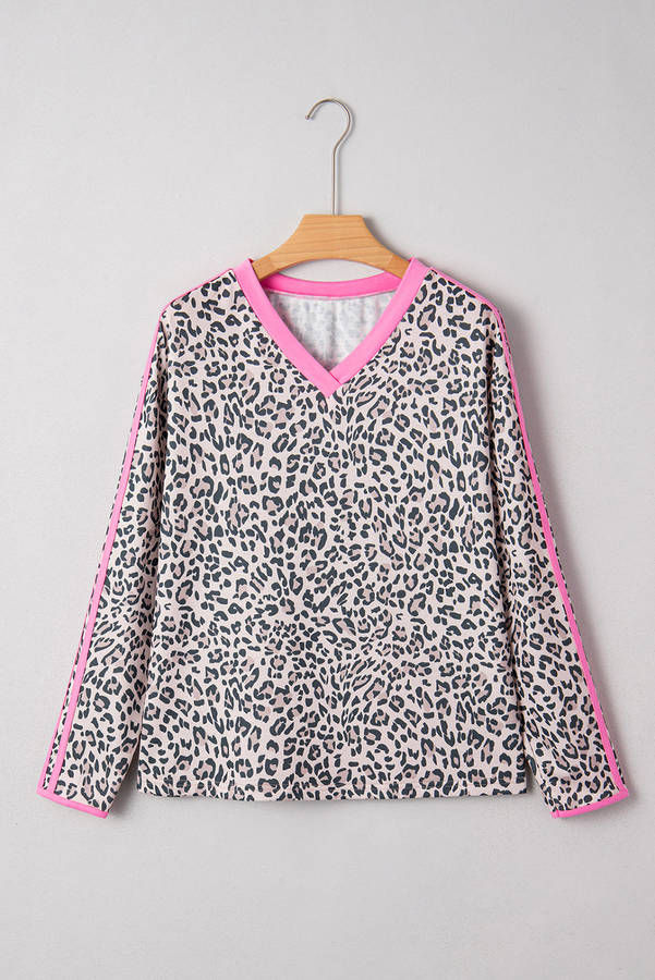 Khaki Leopard Print Contrast V Neck Varsity Stripe Detail Long Sleeve Top