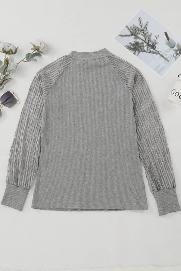 Gray Striped Mesh Long Sleeve Crewneck Ribbed Top